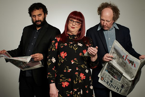 The News Quiz. Image shows from L to R: Nish Kumar, Angela Barnes, Andy Zaltzman