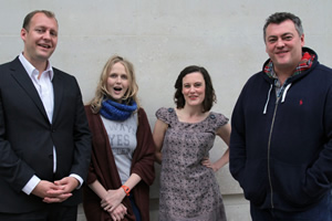 Newsjack. Image shows from L to R: Justin Edwards, Pippa Evans, Margaret Cabourn-Smith, Lewis Macleod. Copyright: BBC