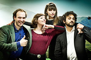 Newsjack. Image shows from L to R: Daniel Barker, Alison Thea-Skot, Natasia Demetriou, Nish Kumar. Copyright: BBC