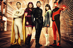 No Heroics. Image shows from L to R: Devlin, aka Excelsor (Patrick Baladi), Jenny, aka She-Force (Rebekah Staton), Don, aka Timebomb (James Lance), Sarah, aka Electroclash (Claire Keelan), Alex, aka The Hotness (Nicholas Burns). Copyright: Tiger Aspect Productions