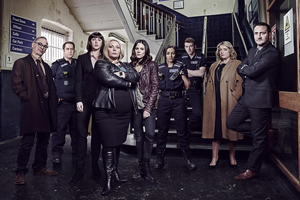 No Offence. Image shows from L to R: Randolph Miller (Paul Ritter), P.C. Jonah Mitchell (Ste Johnston), D.S. Joy Freers (Alexandra Roach), D.I. Vivienne Deering (Joanna Scanlan), D.C. Dinah Kowalska (Elaine Cassidy), P.C. Tegan Thompson (Saira Choudhry), P.C. Stuart O'Connell (Tom Varey), D.C.I. Marilyn Merchant (Claire Rushbrook), D.C. Spike Tanner (Will Mellor). Copyright: AbbottVision