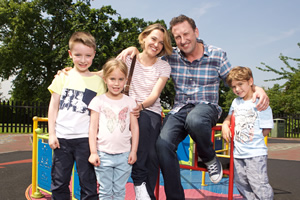 Not Going Out. Image shows from L to R: Charlie (Finley Southby), Molly (Francesca Newman), Lucy (Sally Bretton), Lee (Lee Mack), Benji (Max Pattison)