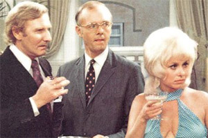 Not Now Darling. Image shows from L to R: Gilbert Bodley (Leslie Phillips), Arnold Crouch (Ray Cooney), Sue Lawson (Barbara Windsor). Copyright: Not Now Films Limited