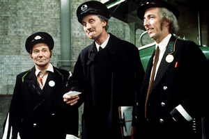 On The Buses. Image shows from L to R: Stan Butler (Reg Varney), Inspector Blake (Stephen Lewis), Jack Harper (Bob Grant). Copyright: London Weekend Television