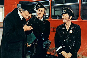 On The Buses. Image shows from L to R: Inspector Blake (Stephen Lewis), Jack Harper (Bob Grant), Stan Butler (Reg Varney). Copyright: Hammer Film Productions