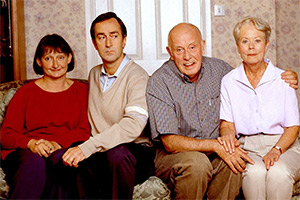 One Foot In The Grave. Image shows from L to R: Pippa Trench (Janine Duvitski), Patrick Trench (Angus Deayton), Victor Meldrew (Richard Wilson), Margaret Meldrew (Annette Crosbie)