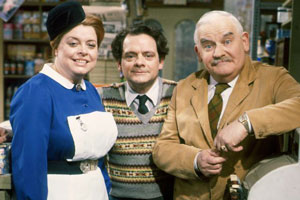 Open All Hours. Image shows from L to R: Nurse Gladys Emmanuel (Lynda Baron), Granville (David Jason), Albert Arkwright (Ronnie Barker). Copyright: BBC