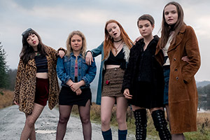 Our Ladies. Image shows from L to R: Kylah (Marli Siu), Manda (Sally Messham), Chell (Rona Morison), Orla (Tallulah Greive), Finnoula (Abigail Lawrie). Copyright: Columbia Pictures