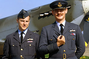 Over Here. Image shows from L to R: Archie Bunting (Samuel West), Group Captain Barker (Martin Clunes). Copyright: BBC