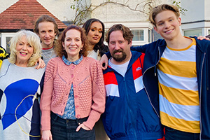 Here We Go. Image shows from L to R: Sue (Alison Steadman), Robin (Tom Basden), Rachel (Katherine Parkinson), Cherry (Tori Allen-Martin), Paul (Jim Howick), Sam (Jack Christou)