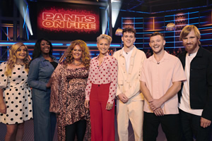 Pants On Fire. Image shows from L to R: Harriet Kemsley, Verona Rose, Donna Preston, Emma Willis, Zac Alsop, Jamie Rawsthorne, Bobby Mair. Copyright: Fulwell 73 Productions