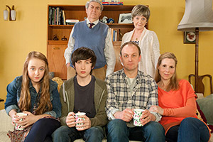 Parents. Image shows from L to R: Becky Pope (Jadie-Rose Hobson), Sam Pope (Christian Lees), Len Miller (Tom Conti), Nick Pope (Darren Strange), Alma Miller (Susie Blake), Jenny Pope (Sally Phillips). Copyright: Objective Productions