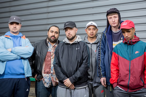 People Just Do Nothing. Image shows from L to R: Grindah (Allan Mustafa), Chabuddy G (Asim Chaudhry), Beats (Hugo Chegwin), Fantasy (Marvin Jay Alvarez), Steves (Steve Stamp), Decoy (Daniel Sylvester Woolford). Copyright: Roughcut Television