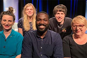 The Placebo Effect. Image shows from L to R: Felicity Ward, Lauren Pattison, Kwame Asante, Tom Ward, Tracey Smith. Copyright: BBC