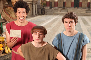 Plebs. Image shows from L to R: Stylax (Joel Fry), Grumio (Ryan Sampson), Marcus (Tom Rosenthal). Copyright: RISE Films