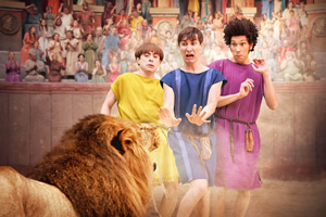 Plebs. Image shows from L to R: Grumio (Ryan Sampson), Marcus (Tom Rosenthal), Stylax (Joel Fry). Copyright: RISE Films