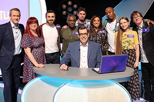 Pointless. Image shows from L to R: Alexander Armstrong, Angela Barnes, Patrick Monahan, Junior Simpson, Rich Hall, Richard Osman, Shazia Mirza, Dane Baptiste, Jessie Cave, Ed Byrne