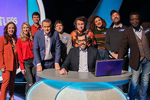 Pointless. Image shows from L to R: Catherine Bohart, Rachel Parris, Ivo Graham, Alexander Armstrong, Elis James, Milton Jones, Richard Osman, Rose Matafeo, David O'Doherty, Stephen K Amos