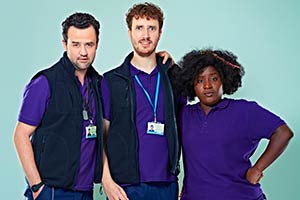 Porters. Image shows from L to R: Anthony De La Mer (Daniel Mays), Simon Porter (Edward Easton), Frankie (Susan Wokoma)