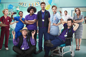 Porters. Image shows from L to R: Dr Batholomew (Sinead Keenan), Mr. Pradeep (Sanjeev Bhaskar), Tillman (Rutger Hauer), Frankie (Susan Wokoma), Simon Porter (Edward Easton), Lucy (Claudia Jessie), Dr. McKenzie (James Atherton), Anthony De La Mer (Daniel Mays), Jane Bison (Tanya Franks)