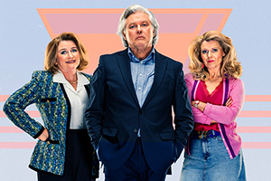 The Power Of Parker. Image shows left to right: Diane Parker (Rosie Cavaliero), Martin Parker (Conleth Hill), Kath (Sian Gibson)