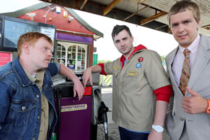 Pumped. Image shows from L to R: Wendy (James Allenby-Kirk), Fletch (Daniel Cahill), Spunk (Iain Stirling). Copyright: BBC