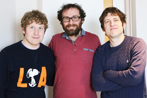 Radio 4 At The Machynlleth Comedy Festival With Elis James. Image shows from L to R: Josh Widdicombe, Henry Widdicombe, Elis James. Copyright: Little Wander