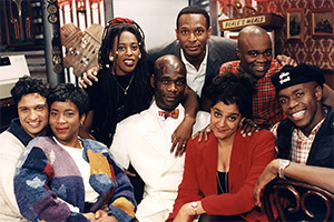 The Real McCoy. Image shows from L to R: Kulvinder Ghir, Llewella Gideon, Judith Jacob, Leo Chester, Felix Dexter, Meera Syal, Eddie Nestor, Robbie Gee. Copyright: BBC