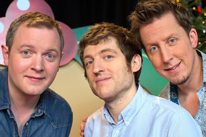 The Really Welsh Quiz. Image shows from L to R: Miles Jupp, Elis James, Chris Corcoran. Copyright: Small and Clever