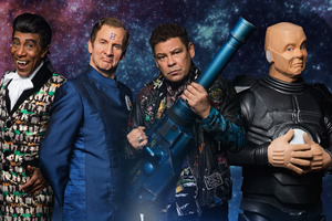 Red Dwarf. Image shows from L to R: Cat (Danny John-Jules), Rimmer (Chris Barrie), Lister (Craig Charles), Kryten (Robert Llewellyn)