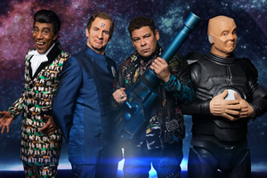 Red Dwarf. Image shows from L to R: Cat (Danny John-Jules), Rimmer (Chris Barrie), Lister (Craig Charles), Kryten (Robert Llewellyn). Copyright: UKTV