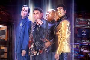 Red Dwarf. Image shows from L to R: Rimmer (Chris Barrie), Lister (Craig Charles), Kryten (Robert Llewellyn), Cat (Danny John-Jules)