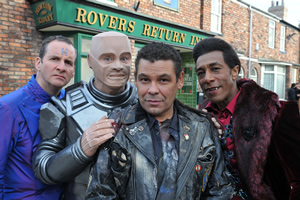 Red Dwarf. Image shows from L to R: Rimmer (Chris Barrie), Kryten (Robert Llewellyn), Lister (Craig Charles), Cat (Danny John-Jules). Copyright: UKTV