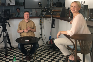 Regular. Image shows from L to R: David Elms, Regular (Tim Key), Barista (Laura Marling)