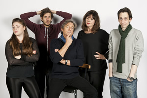 Reluctant Persuaders. Image shows from L to R: Laura (Olivia Nixon), Joe (Mathew Baynton), Hardacre (Nigel Havers), Amanda (Josie Lawrence), Teddy (Rasmus Hardiker). Copyright: ABsoLuTeLy Productions