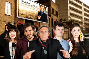 Reluctant Persuaders. Image shows from L to R: Amanda (Josie Lawrence), Joe (Mathew Baynton), Hardacre (Nigel Havers), Teddy (Kieran Hodgson), Laura (Olivia Nixon). Copyright: ABsoLuTeLy Productions