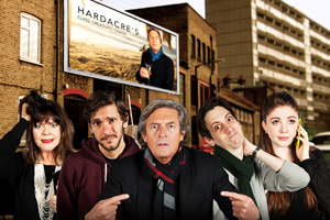 Reluctant Persuaders. Image shows from L to R: Amanda (Josie Lawrence), Joe (Mathew Baynton), Hardacre (Nigel Havers), Teddy (Rasmus Hardiker), Laura (Olivia Nixon). Copyright: ABsoLuTeLy Productions