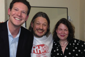 Richard Herring's Leicester Square Theatre Podcast. Image shows from L to R: Oliver Mann, Richard Herring, Helen Zaltzman