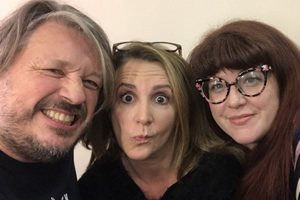 Richard Herring's Leicester Square Theatre Podcast. Image shows from L to R: Richard Herring, Lucy Porter, Jenny Ryan