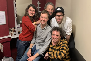 Richard Herring's Leicester Square Theatre Podcast. Image shows from L to R: Anna Ptaszynski, Andrew Hunter Murray, Richard Herring, Dan Schreiber, James Harkin