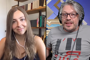 RHLSTP with Richard Herring. Image shows from L to R: Maria Konnikova, Richard Herring