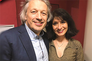 RHLSTP With Richard Herring. Image shows from L to R: Richard Herring, Shaparak Khorsandi