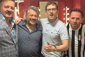 RHLSTP with Richard Herring. Image shows left to right: Mike Bubbins, Richard Herring, Elis James, Steff Garrero