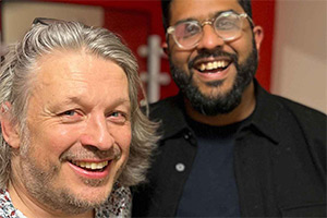 RHLSTP with Richard Herring. Image shows left to right: Richard Herring, Eshaan Akbar