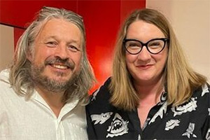 RHLSTP with Richard Herring. Image shows left to right: Richard Herring, Sarah Millican