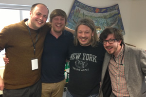 Richard Herring's Leicester Square Theatre Podcast. Image shows from L to R: Tom Parry, Ben Clark, Richard Herring, Matthew Crosby