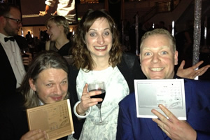 Richard Herring's Leicester Square Theatre Podcast. Image shows from L to R: Richard Herring, Isy Suttie, Rufus Hound