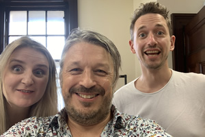 Richard Herring's Leicester Square Theatre Podcast. Image shows from L to R: Snjolaug Ludviksdottir, Richard Herring, John Robins