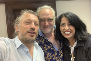 Richard Herring's Leicester Square Theatre Podcast. Image shows from L to R: Richard Herring, Tony Slattery, Isma Almas