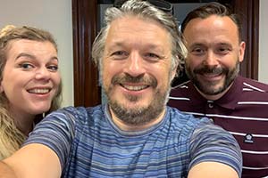 Richard Herring's Leicester Square Theatre Podcast. Image shows from L to R: Lauren Pattison, Richard Herring, Geoff Norcott